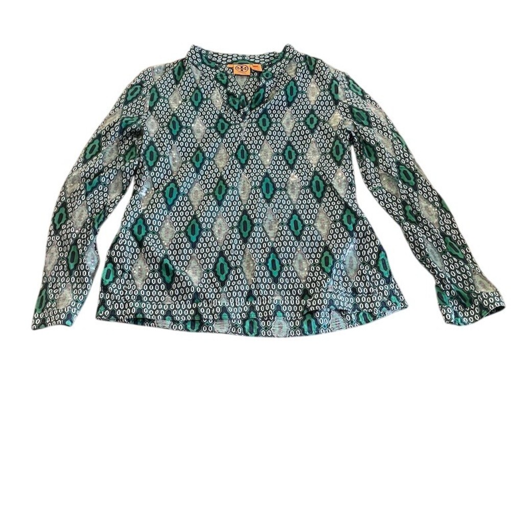 Tory Burch‎ Blouse Womens Size 14 Green Geometric Print V-Neck Long Sleeve